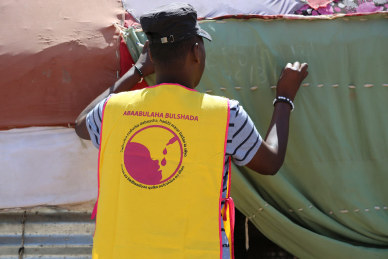 A member of volunteer vaccination team marks a door, to show that the children in the house got vaccinated. This was during the national immunization campaign in Hargeisa, Somaliland on 26 March 2019. WHO Photo.